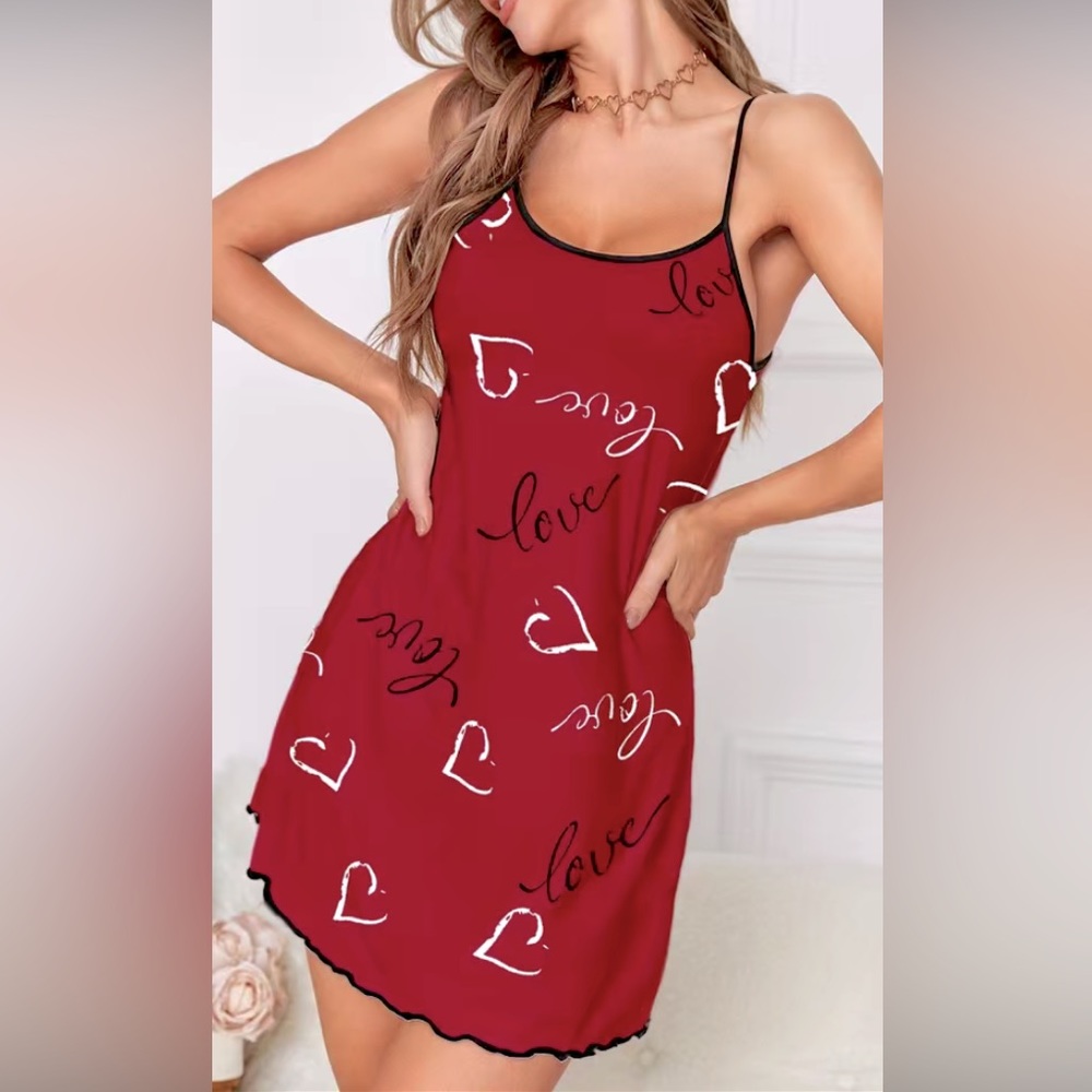 🆕 Ladies Burgundy Spaghetti Strap Heart Night Dress Size XL